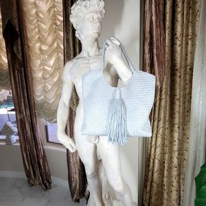 Sam Edelman woven shoulder bag with tassel, dove gray leather